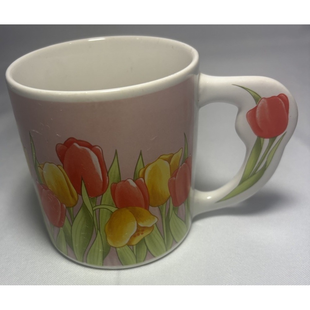 🌷Russ Berrie Spring Tulip Mug Flower Decorated Handle Coffee Cup #8905